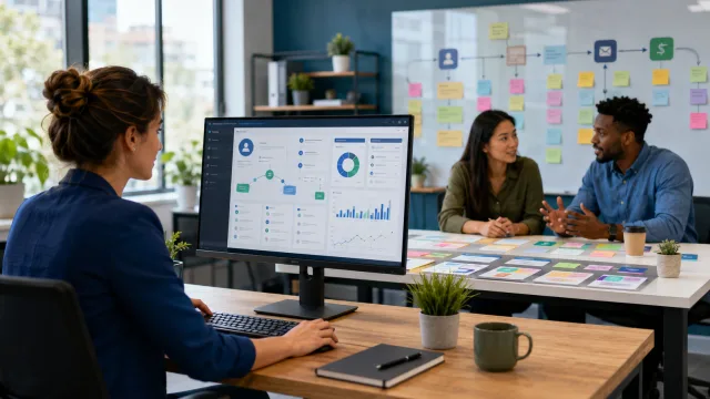Profissionais de marketing, vendas e atendimento organizando processos de CRM em um escritório